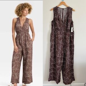 A New Day Brown Abstract Leaf Print Wide Leg Jumpsuit  plus size Women XXL NEW